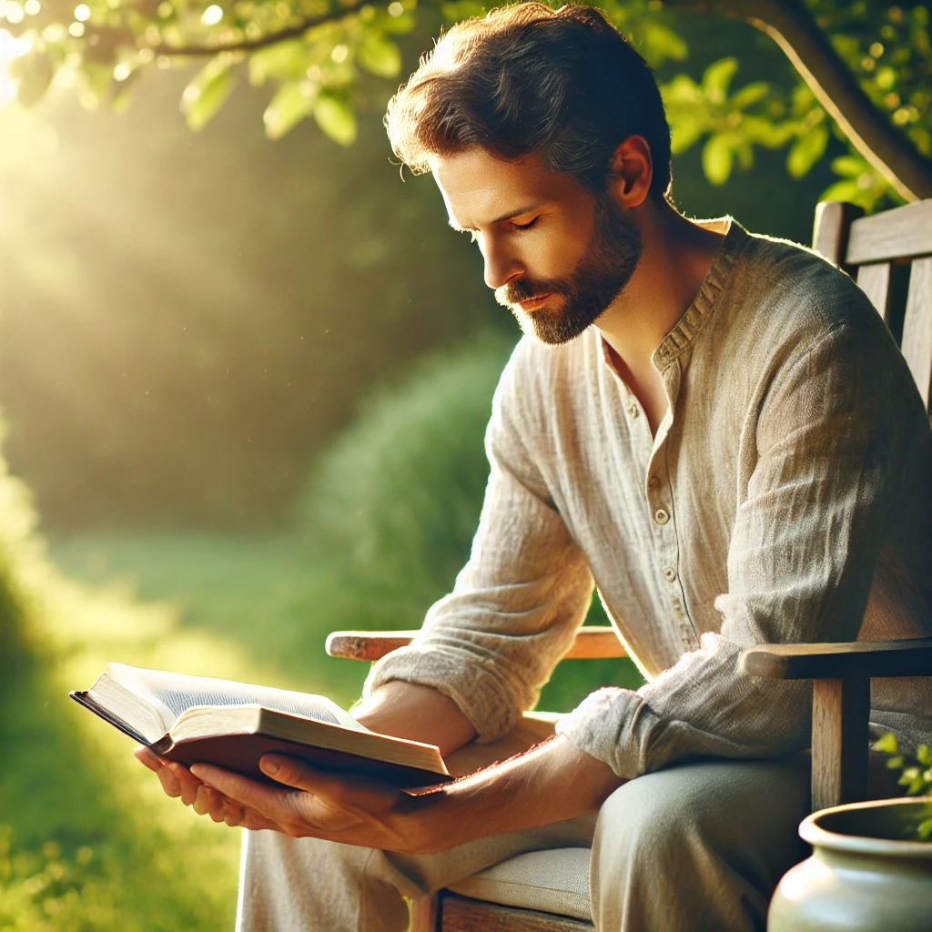 A imagem retrata um momento de tranquilidade e reflexão, com um homem sentado em uma cadeira de madeira ao ar livre, lendo a Bíblia. A paisagem ao fundo é serena, com árvores e a luz suave do sol filtrando-se pelas folhas. O homem parece profundamente concentrado, transmitindo paz e conexão espiritual.