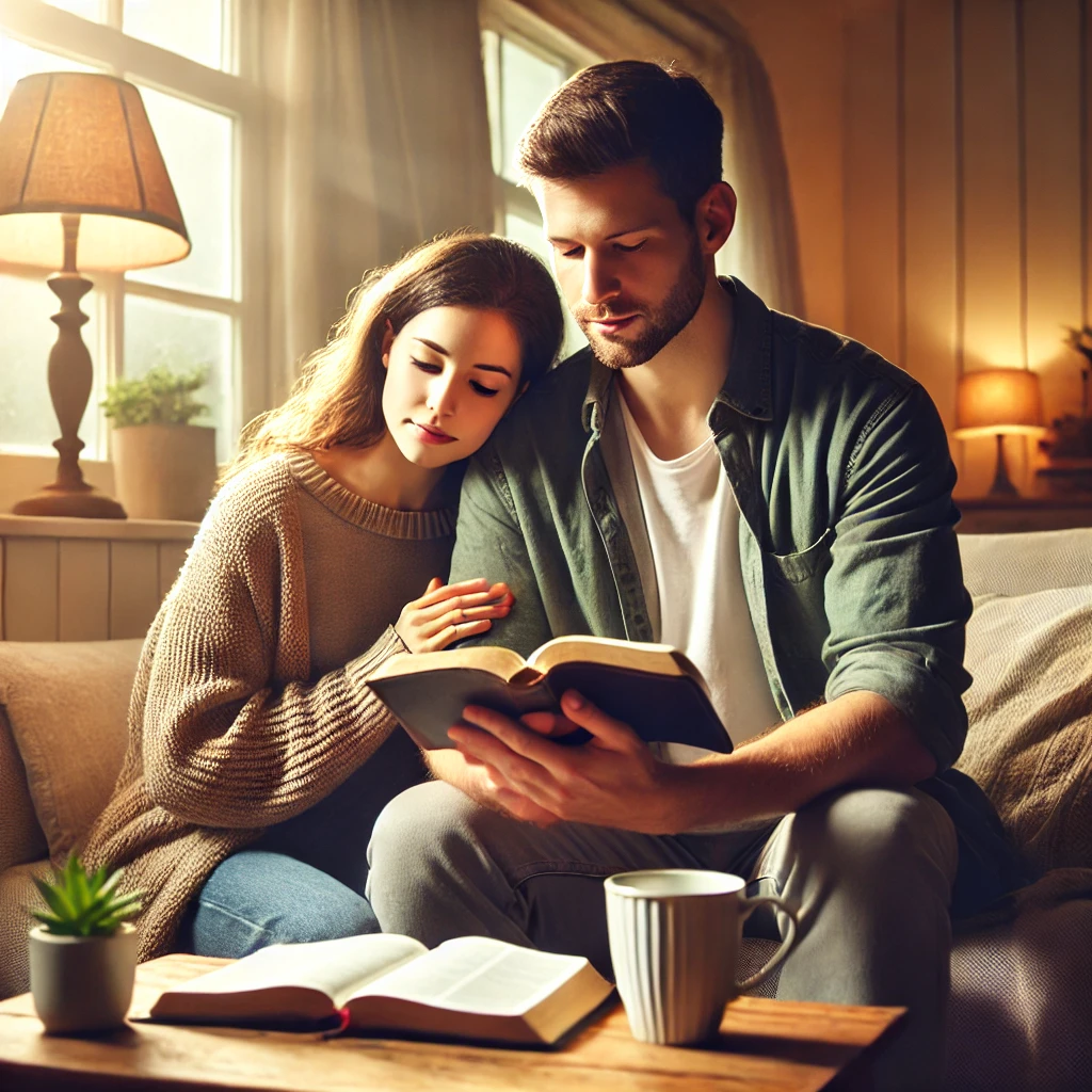 Um homem e uma mulher sentados juntos em um sofá confortável, lendo a Bíblia em um ambiente acolhedor e iluminado por luz natural suave. A cena transmite serenidade, união e um momento de reflexão espiritual compartilhado, com uma mesa lateral simples contendo uma xícara de chá para complementar o clima tranquilo.